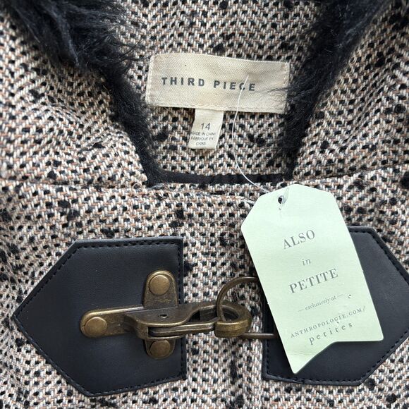 Anthropologie Third Piece Wool Peacoat Jacket Womens 14 Tweed Fur Hood Clasp New - Picture 3 of 8